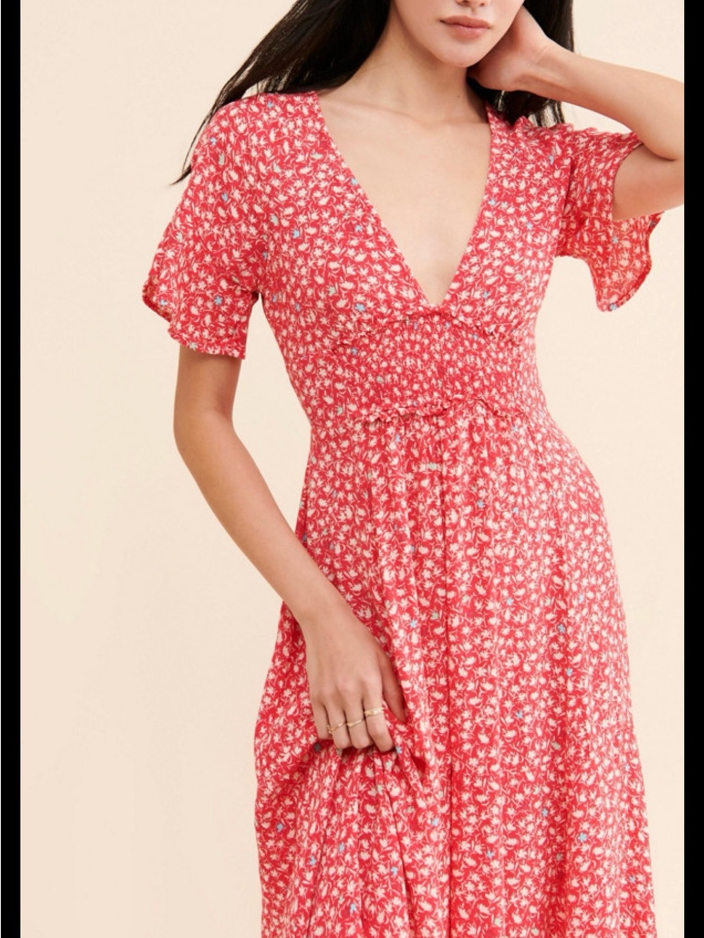 Free People In Full Bloom Maxi Dress Red Floral Boho V Neck Flutter Sleeve NWOT
